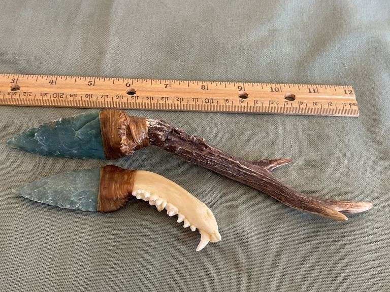 Knapped Stone Blades with Antler and Jaw Bone Handles
