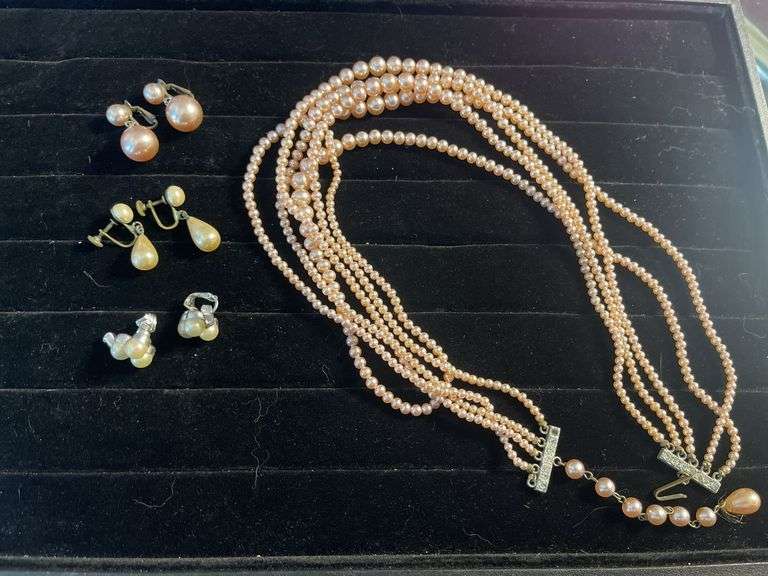 Five Strand Faux Pearl Necklace with Clip-On Earrings
