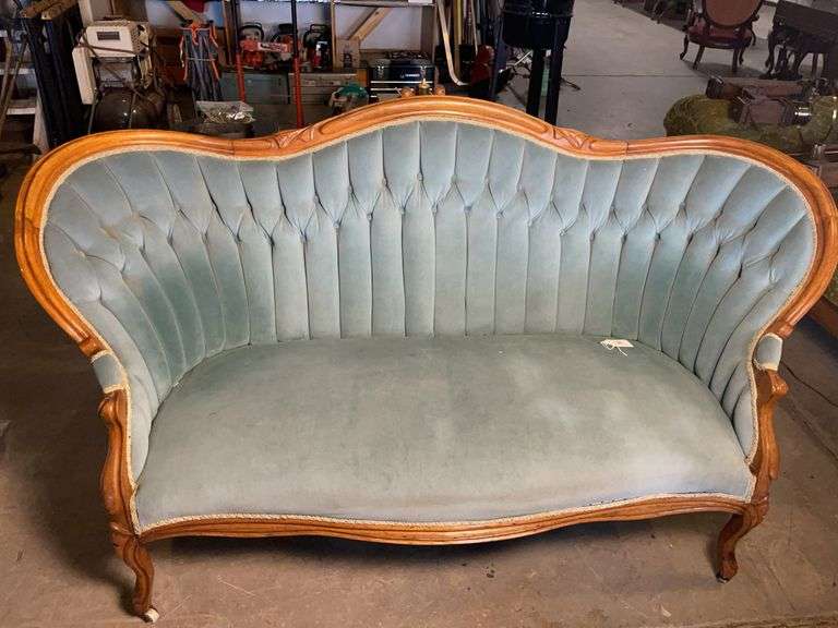Antique Powder Blue Tufted Parlor Couch