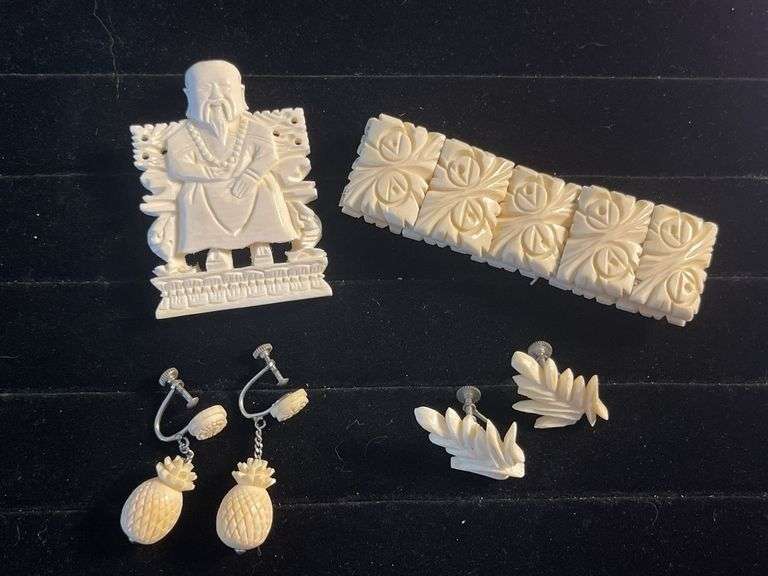 Carved Bracelet with Screw on Earrings and Buddha