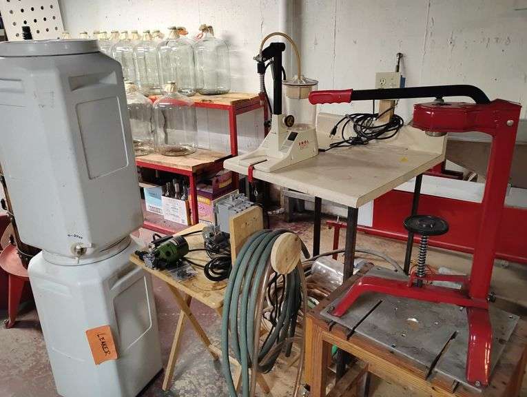 Enolmatic Vacuum Bottle Filler, Portuguese Floor Bottle Corker, Seat, Two Leaker Tanks, Bottle Drying Tree, with Pumps, Tubes, Filters, Et Al