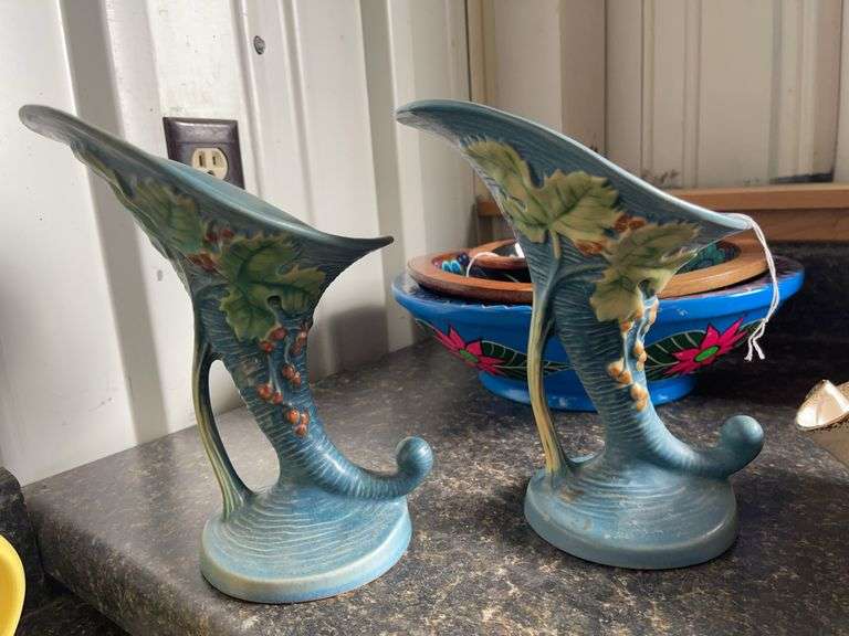 Pair of Roseville Cornucopia Vases - One Repaired