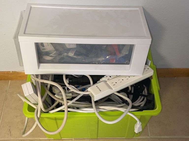 Crate of Electrical Cords and Power Strips