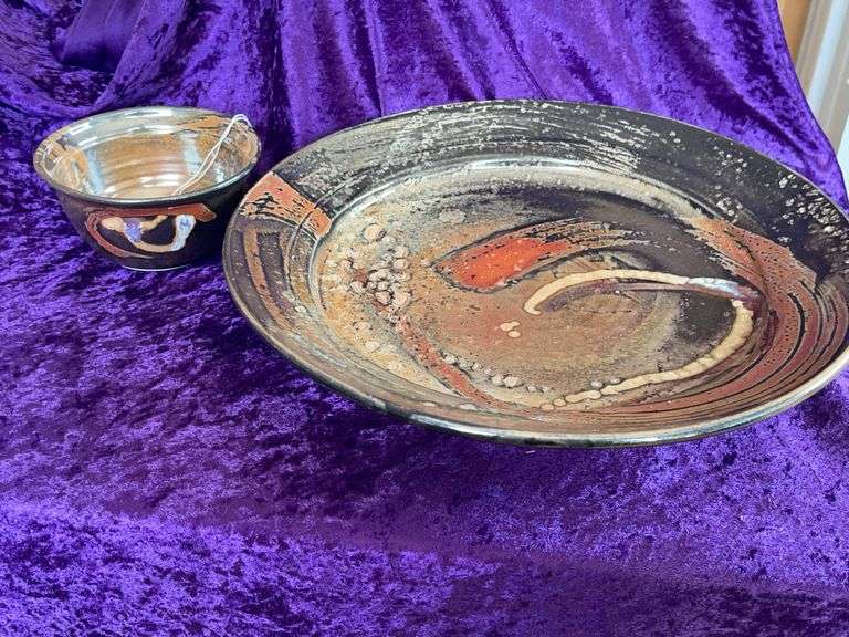 Handmade Stoneware Platter and Bowl with Metallic Finish
