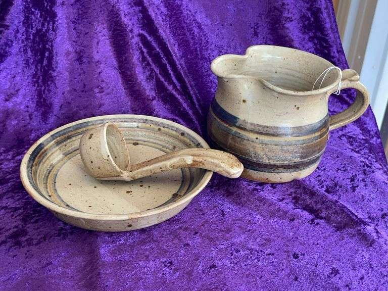 Handmade Stoneware Pitcher and Plate with Ladle