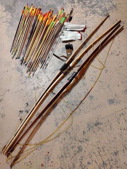Four Homemade Bows With Large Collection of Various Arrows, Finger Tab, And Gloves