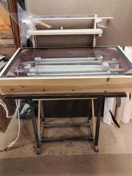 Drafting Table with Lighted Top, Additional Drafting Top, T Square, and all Attached Shelving, Stencils, and Drafting Paper