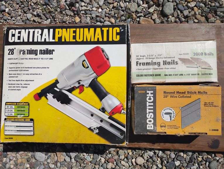 Central Pneumatic 28° Framing Nailer With Two Boxes of Framing Nails