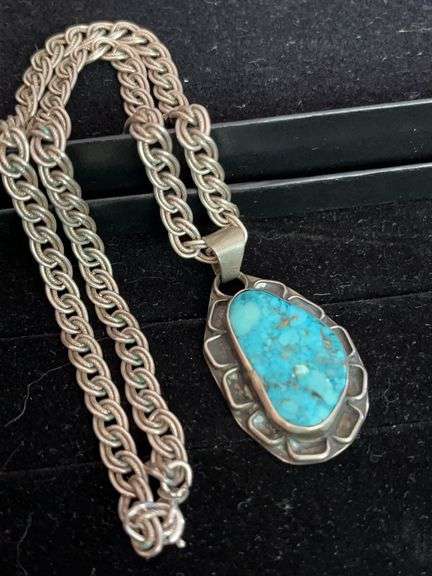 Turquoise and Sterling Pendant and Chain. Navajo Style Setting