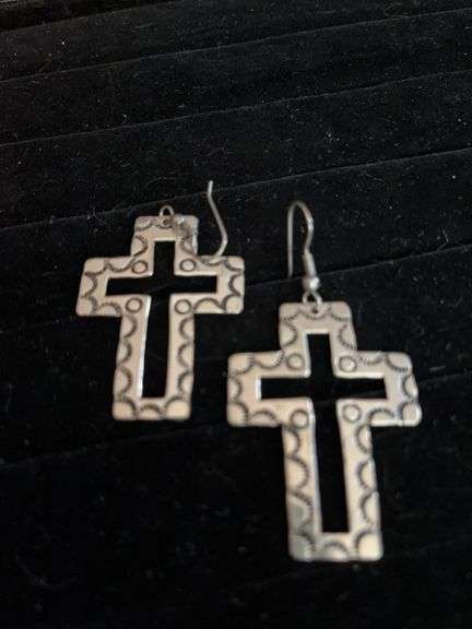 Silver Tone Cross Dangle Earrings