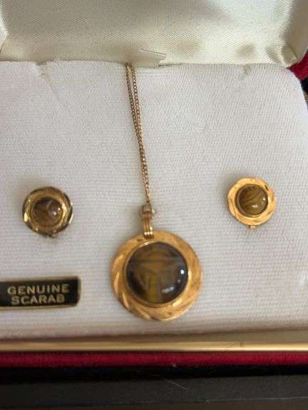 Genuine Tiger Eye Scarab Necklace and Earring Set