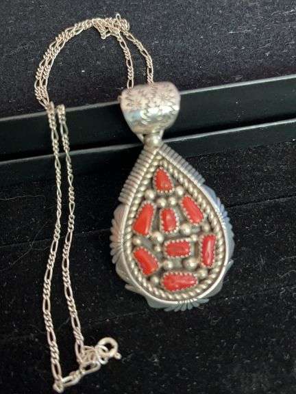 Red Coral and Sterling Pendant and Chain Navajo Style