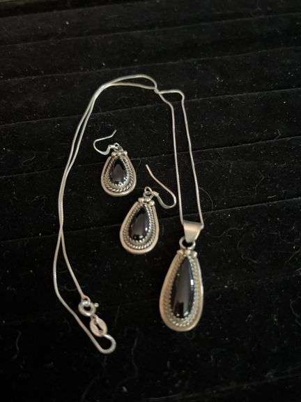 Sterling and Black Onyx Teardrop Earrings and Pendant Set