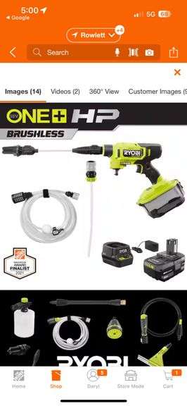 RYOBI RY121850
ONE+ HP 18V Brushless EZClean 600 PSI 0.7 GPM Cordless Battery Cold Water Power Cleaner with 4.0 Ah Battery and Charger $159 tested
