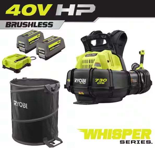 40V HP Brushless 165 MPH 730 CFM Backpack Blower w/ Lawn and Leaf Bag, (2) 6.0 Ah Batteries and Charger Tested $369 box