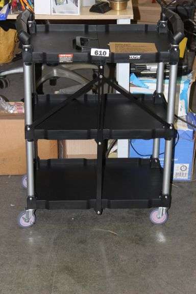 Foldable Utility Service Cart, 3-Shelf Rolling Tool Cart with Lockable Wheels, 165 lbs Capacity, Portable Garage/Office/Home Cart