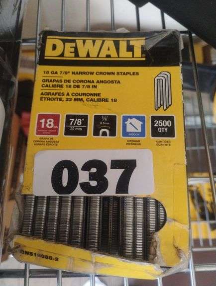 DEWALT DNS18088-2 18-Gauge 7/8-inch Narrow Crown Staples (2500-Pack). A box of 2,500 staples with a 1/4-inch crown, designed for indoor fastening projects with compatible 18-gauge staple guns. - $15.97