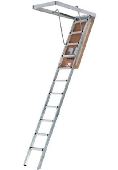 Louisville Ladder AH2240MS Aluminum Attic Ladder. A lightweight aluminum attic ladder designed for ceiling heights from 7 ft 8 in to 10 ft 3 in, with a load capacity of 375 lbs. - $250 - 280