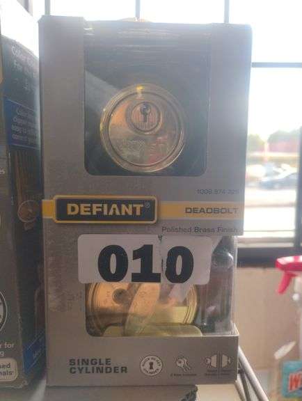 Defiant Single Cylinder Deadbolt, Polished Brass Finish. A single-cylinder deadbolt lock operated by a key on the outside and a thumb-turn on the inside for securing exterior doors. - $12 - 15