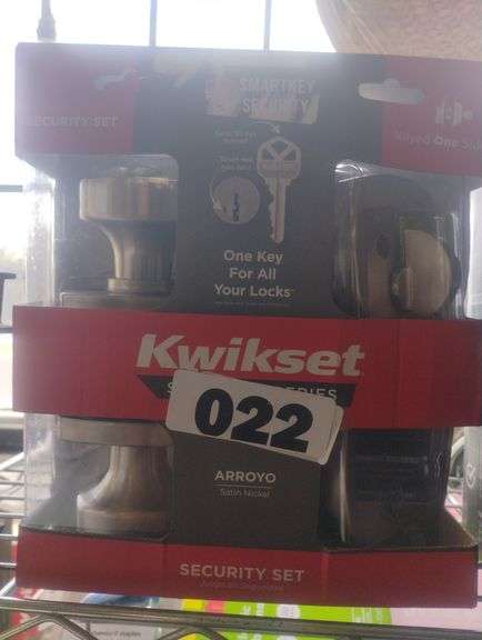 Kwikset Arroyo Security Set with SmartKey in Satin Nickel. A doorknob and single-cylinder deadbolt combo pack featuring SmartKey Security for easy re-keying. - $40 - 55