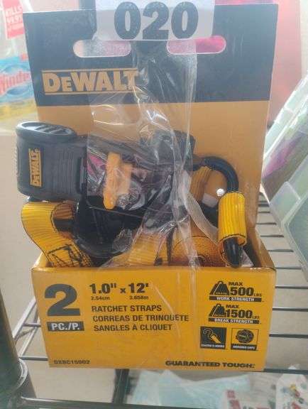 DeWalt DXBC15002 1-inch x 12-foot Ratchet Straps (2-Pack). A set of two 12-foot ratchet tie-down straps designed for securing cargo, featuring a 500 lbs working load limit and 1,500 lbs break strength. - $18 - 22
