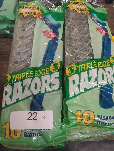 Triple Edge 10-Pack Disposable Razors. A package containing ten disposable razors, each featuring three blades for a smooth shave. - $2.99