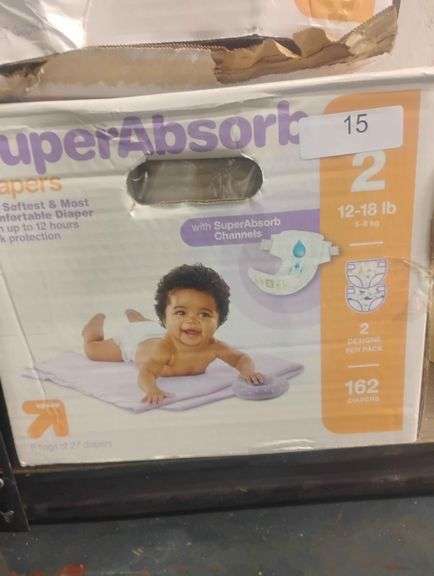 up & up SuperAbsorb Diapers, Size 2 (162 Count). Disposable diapers for babies weighing 12-18 lbs, designed with super absorb channels for up to 12 hours of leak protection. - $24.99