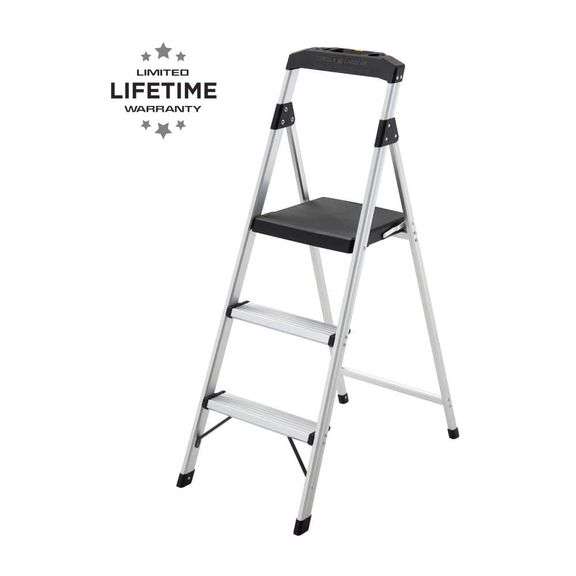 [✓] [MSRP: $59.97] 3-Step Aluminum Step Stool Ladder, 250 lbs. Type I Duty Rating (9ft. Reach Height)