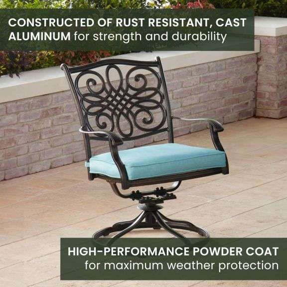 tradition aluminum cast swivel rocker with light blue cushions 4-pack