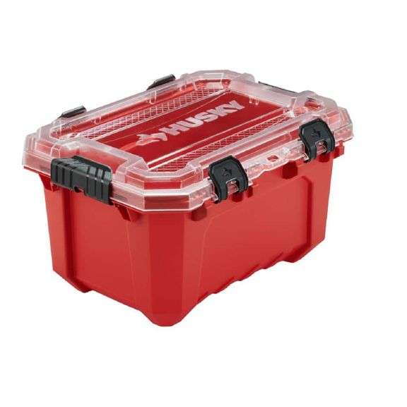 [✓] [MSRP: $19.98] Husky 5-Gal. Professional Heavy Duty Waterproof Stackable Plastic Storage Container with Hinged Lid in Red