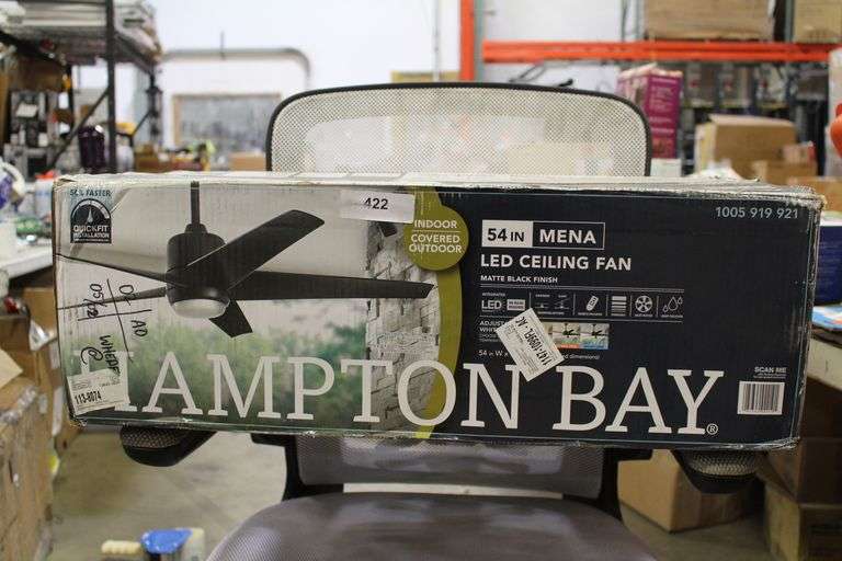 [✓] [MSRP: $154.00] Hampton Bay Mena 54 in. White Color Changing Integrated LED Indoor/Outdoor Matte Black Ceiling Fan with Light Kit and Remote Control