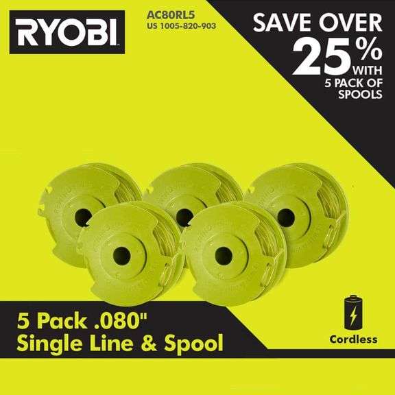 [✓] [MSRP: $29.97] RYOBI 0.080 in. Replacement Auto-Feed Line Spools (5-Pack)