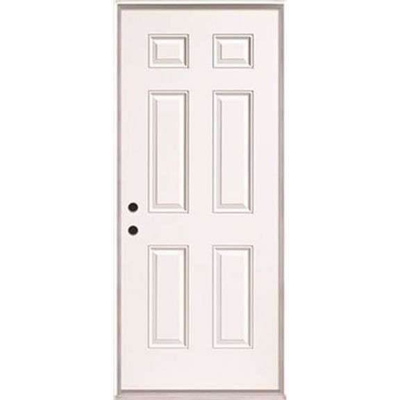 [✓] [MSRP: $322.35] Masonite 36 in. x 80 in. White Left Hand Inswing 6-Panel Primed Steel Prehung Front Door