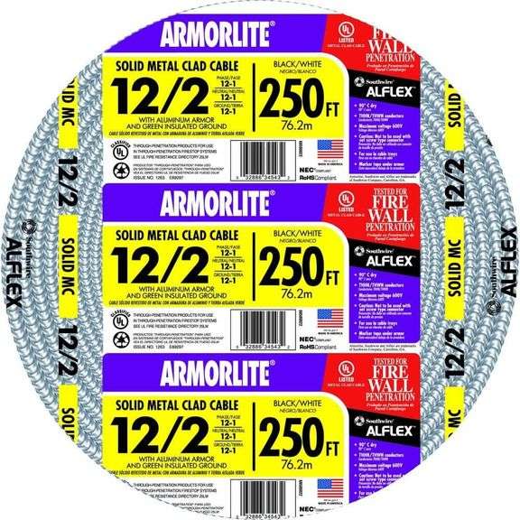 [✓] [MSRP: $44.00] Southwire 250 ft. 12-Gauge/2-Gauge Solid CU MC (Metal Clad) Armorlite Cable