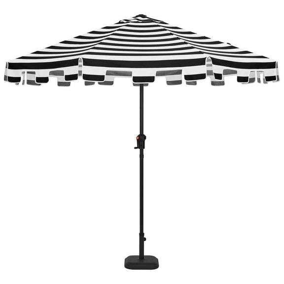 [✓] [MSRP: $139.00] Hampton Bay 9 ft. Aluminum Market Crank and Auto Tilt Patio Umbrella in Cabana Black and White Stripe with Trim