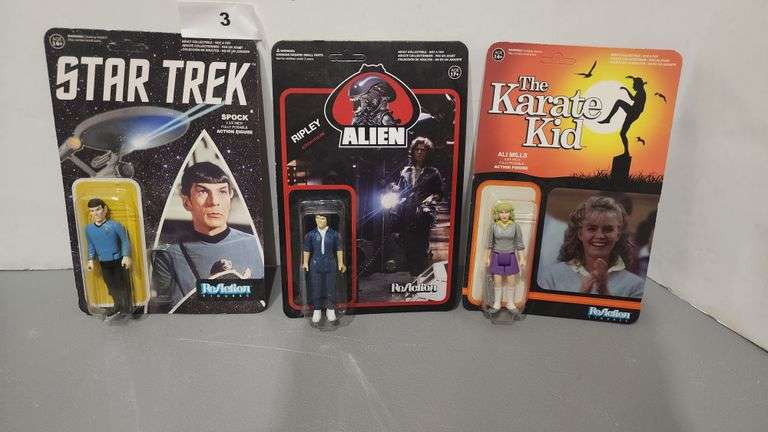 ADULT COLLECTIBLE FIGURINES, EACH 3 3/4 INCH FULLY POSABLE ACTION FIGURE; STAR TREK SPOCK, ALIEN RIPLEY AND THE KARATE KID ALI MILLS. SOLD BY PIECE