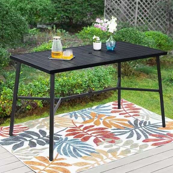[MSRP: $209.99]  67 in. Black Patio Rectangle Metal Bar Height Outdoor Dining Table with 1.97 in. Umbrella Hole