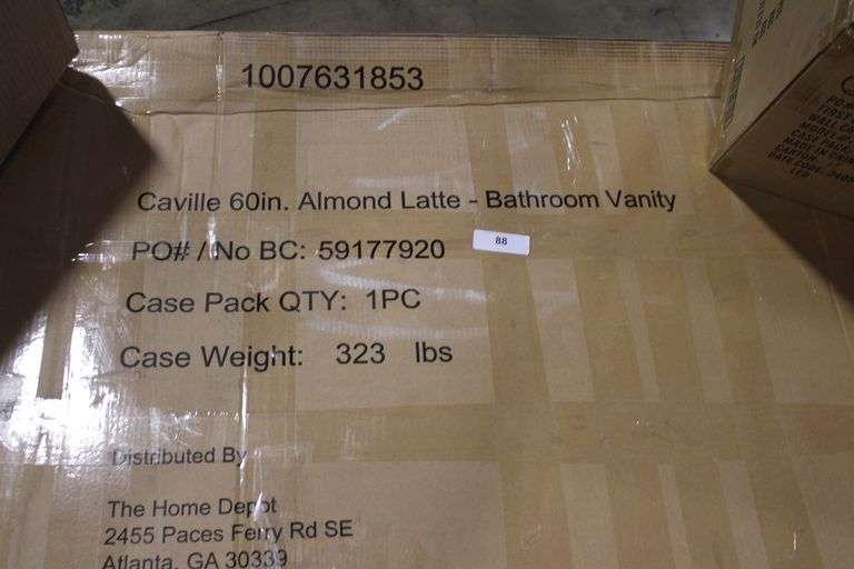[✓] [MSRP: $1,379.00] Home Decorators Collection Caville 60 in. W x 22 in. D x 34.5 in. H Double Sink Bath Vanity in Almond Latte with Carrara Marble Top with Outlet [damaged]