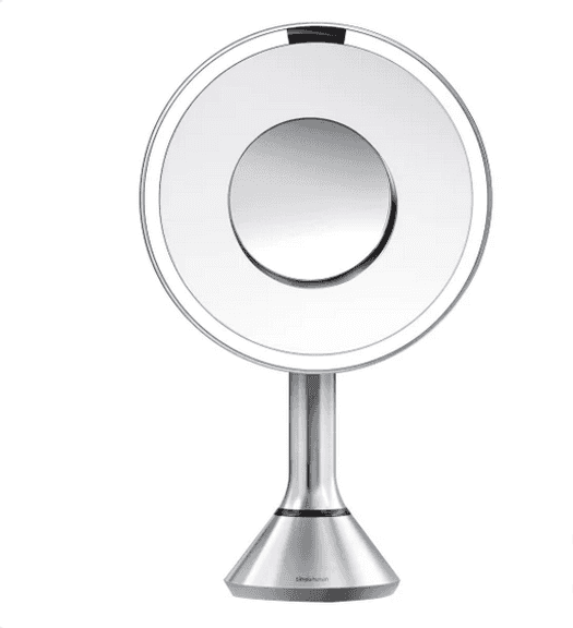 SIMPLEHUMAN 8” ROUND LED SENSOR MIRROR WITH 5X AND 10X MAGNIFICATION RETAIL $150 COSTCO