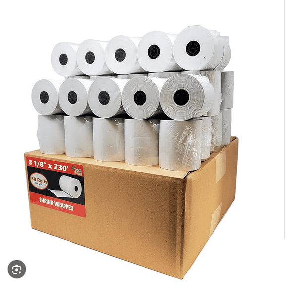 THERMAL PAPER ROLLS, DESIGNED FOR USE IN CASH REGISTERS AND POS SYSTEMS.3 1/8 INCHES (WIDTH) X 230 FEET (LENGTH)