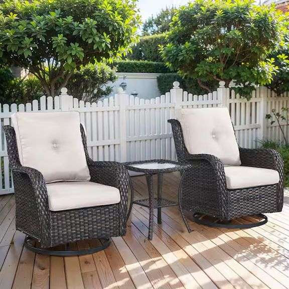 [MSRP: $314.00] Pocassy Brown 3-Piece Wicker Patio Conversation Deep Seating Set with Beige Cushions All-Weather Swivel Rocking Chairs