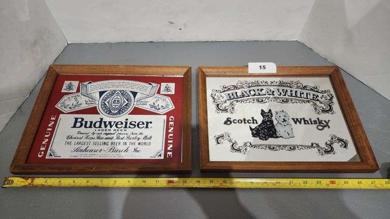 BAR DÉCOR 10x13inch WALL ART; BLACK & WHITE SCOTCH WHISKEY AND BUDWEISER FRAMED MIRRORED PICTURES, SOLD BY PIECE