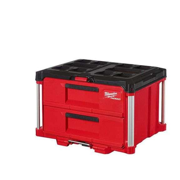 [✓] [MSRP: $149.00] Milwaukee PACKOUT 22 in. 2-Drawer Tool Box with Metal Reinforced Corners