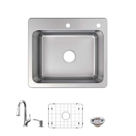 [✓] [MSRP: $279.00] Glacier Bay Bratten 25 in. Drop-In Single Bowl 18 Gauge Stainless Steel Kitchen Sink with Pull-Down Faucet