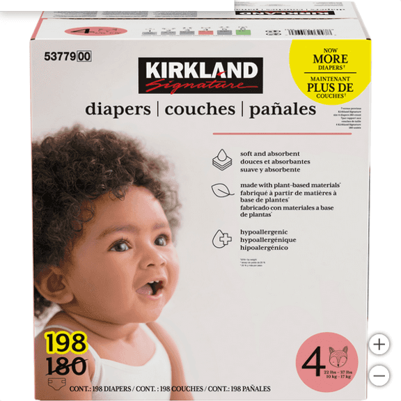 KIRKLAND SIGNATURE DIAPER SIZE 4 - 198 COUNT RETAIL $40