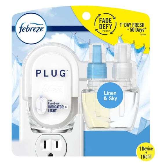 [✓] [MSRP: $6.97] Febreze Noticeables 0.879 oz. Linen and Sky Dual Scented Oil Refill with Free Warmer