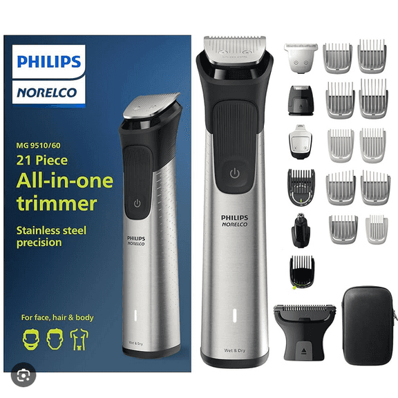 PHILIPS NORELCO MULTIGROOM SERIES 9000-21 PIECE MEN'S GROOMING KIT FOR BEARD, BODY, FACE, NOSE, EAR HAIR TRIMMER W/PREMIUM STORAGE CASE, MG9510/60 RETAIL $80