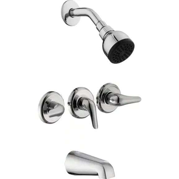[✓] [MSRP: $99.00]  Glacier Bay Aragon 3 Handle 1-Spray Tub and Shower Faucet 1.8 GPM in Chrome (Valve Included)