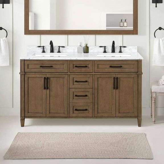 [✓] [MSRP: $1,379.00] Home Decorators Collection Caville 60 in. W x 22 in. D x 34.5 in. H Double Sink Bath Vanity in Almond Latte with Carrara Marble Top with Outlet [damaged]