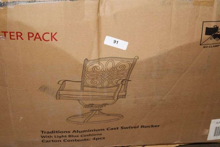 tradition aluminum cast swivel rocker with light blue cushions 4-pack
